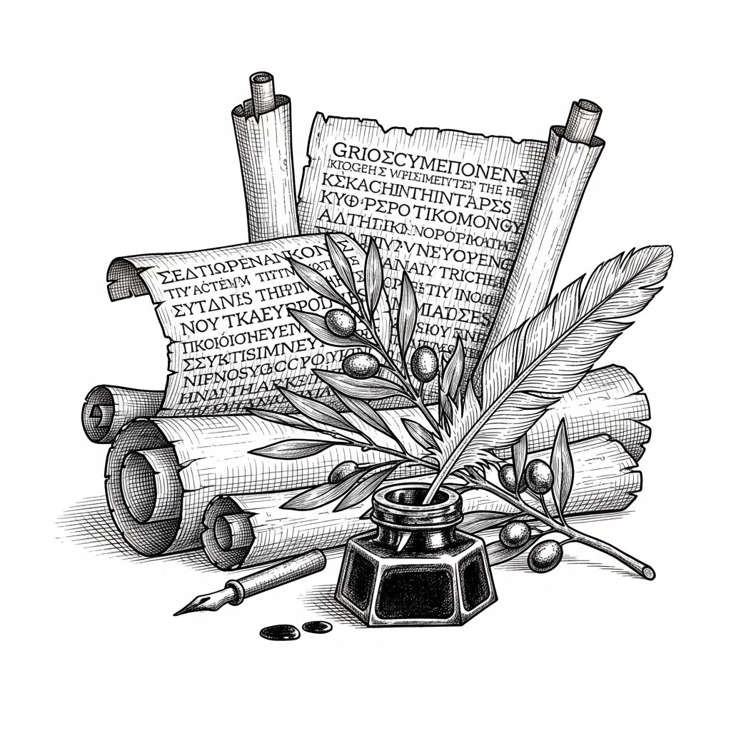 Engraved illustration of scrolls, quill and ink — records of the ledger