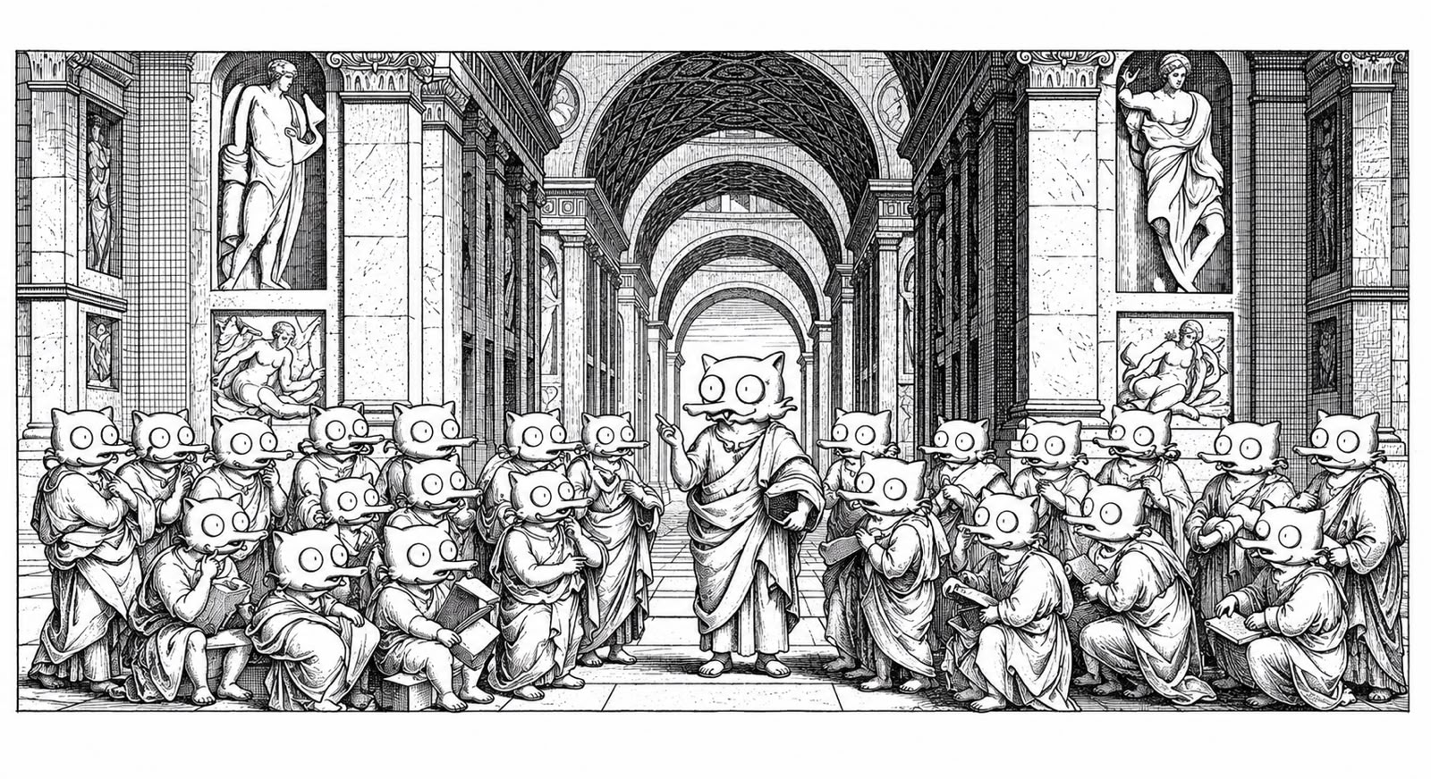 The SCUT scholar at a writing desk, rendered in engraving style